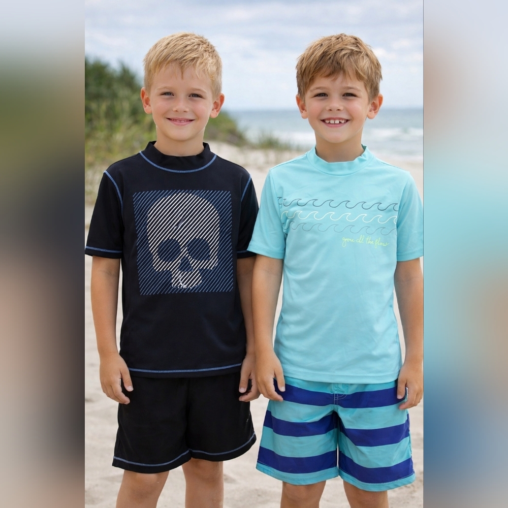 #894 2 Pc Cherokee/Cat & Jack Kids Swim Rashguards - Black & Light Blue Sz 12/14